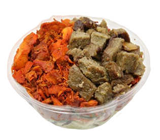 Bowl with two sections of food: reddish-orange and brownish-green diced ingredients.