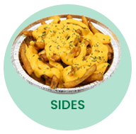 Fries with cheese sauce and parsley in a round foil container, labeled 