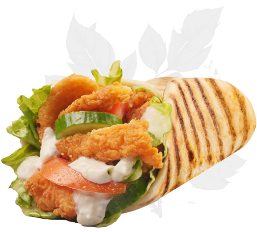 Fried chicken wrap with lettuce, tomato, cucumber, and sauce, on a grilled tortilla.