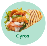Chicken gyros wrap with lettuce, cucumber, tomato, and sauce, on a light green background.