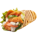 Chicken wrap with lettuce, tomato, cucumber, and sauce in a grilled tortilla.