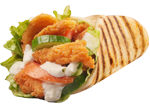 Chicken wrap with lettuce, pickles, and sauce.