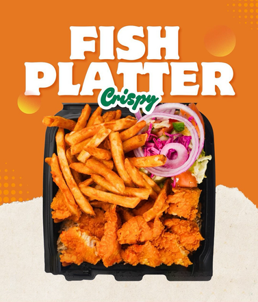 Fish platter with fries and salad in a black container against an orange background.