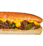 Philly cheesesteak sandwich with melted cheese, steak, and peppers on a sub roll.