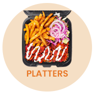 Platter with fries, chicken, salad, and sauce in a black container. Text