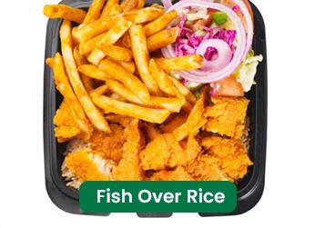 Fish over rice with fries and salad in a black container.