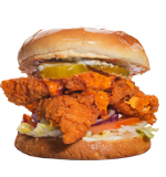 Spicy fried chicken sandwich with sauce, pickles, and toppings on a bun.