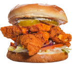Spicy fried chicken sandwich with pickles, lettuce, red onion, and sauce on a bun.
