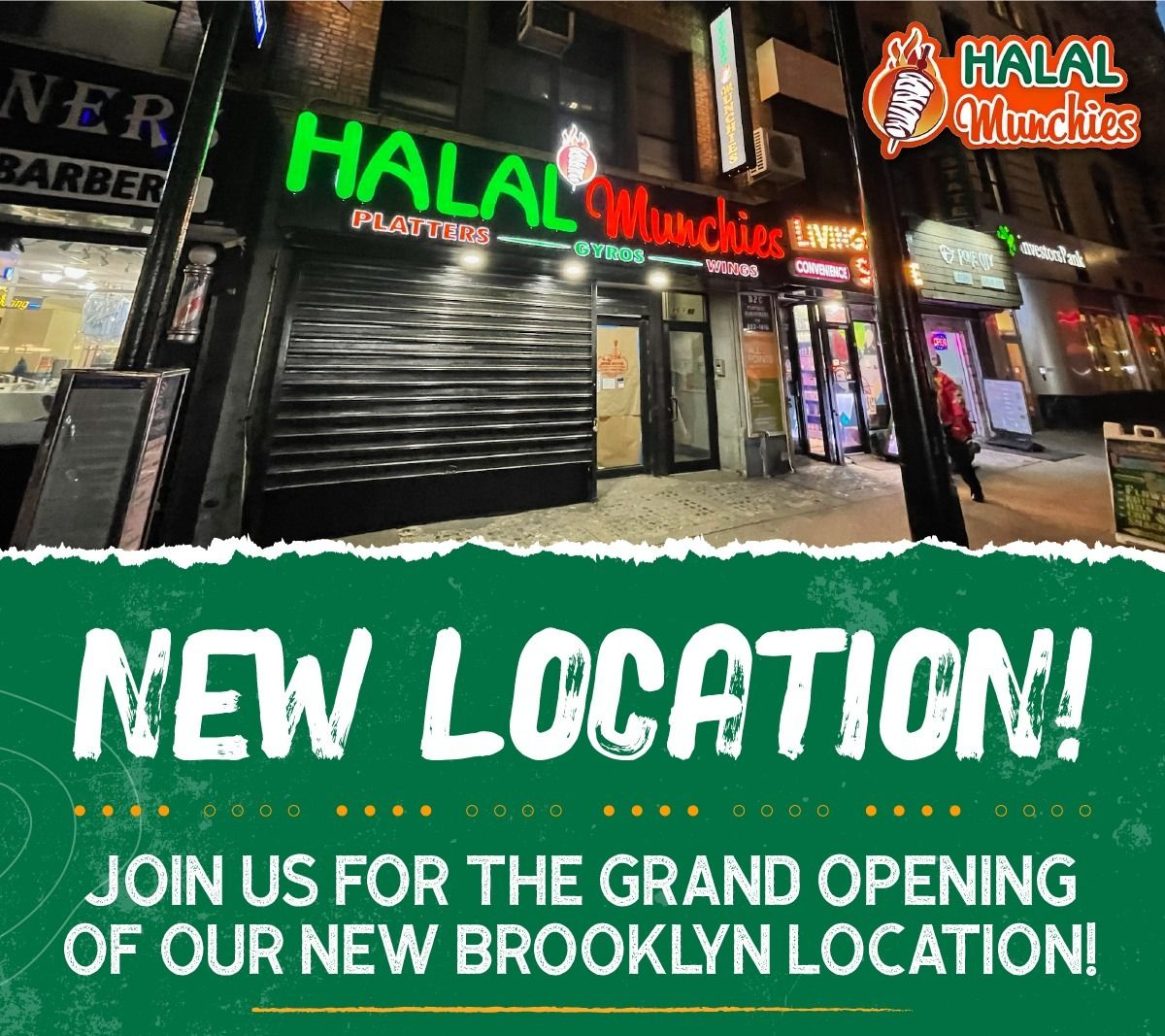 Halal Munchies restaurant exterior, neon sign, 