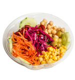 Salad bowl with shredded carrots, red cabbage, chickpeas, olives, corn, and cucumber slices.