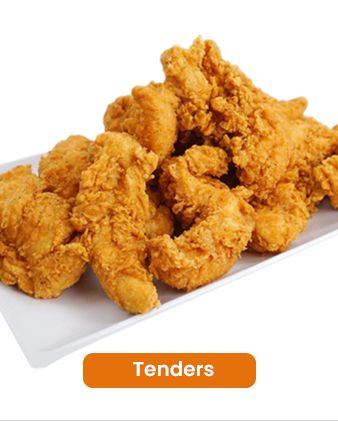 Fried chicken tenders on a white plate.