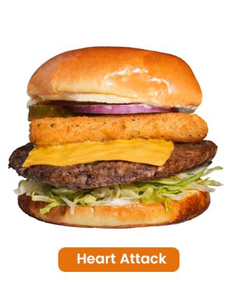 Burger with beef patty, cheese, onion ring, pickles, and lettuce, labeled 