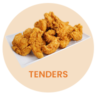 Fried chicken tenders on a white plate, text