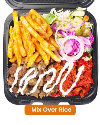Mix over rice dish in a black container: fries, meat, salad, and sauce.