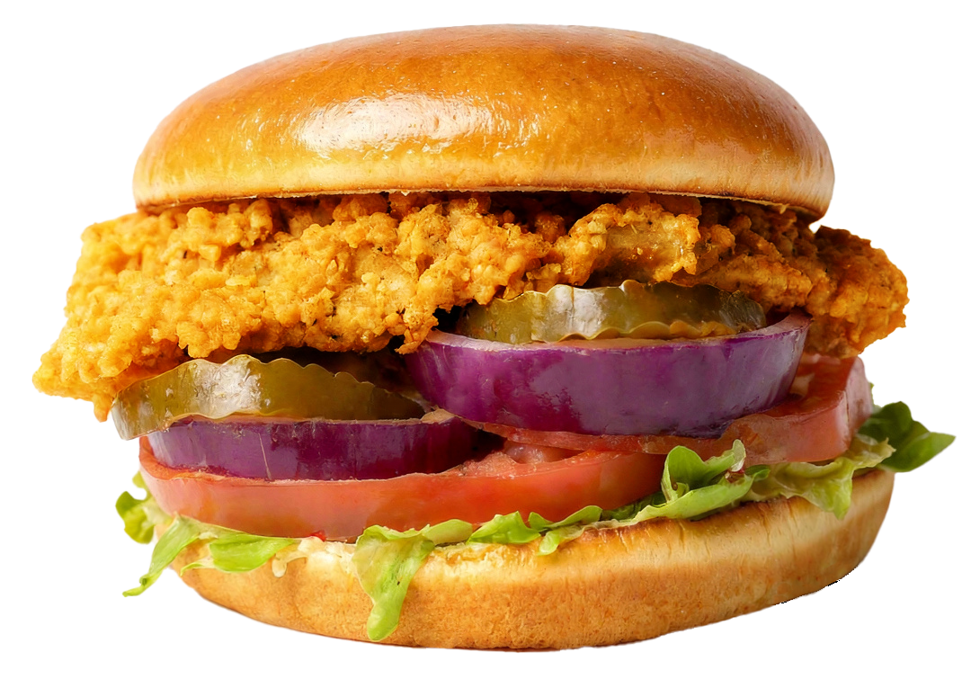 Fried chicken sandwich with toppings on a brioche bun.