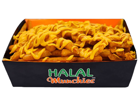 Box of Halal Munchies fries, seasoned with spices.