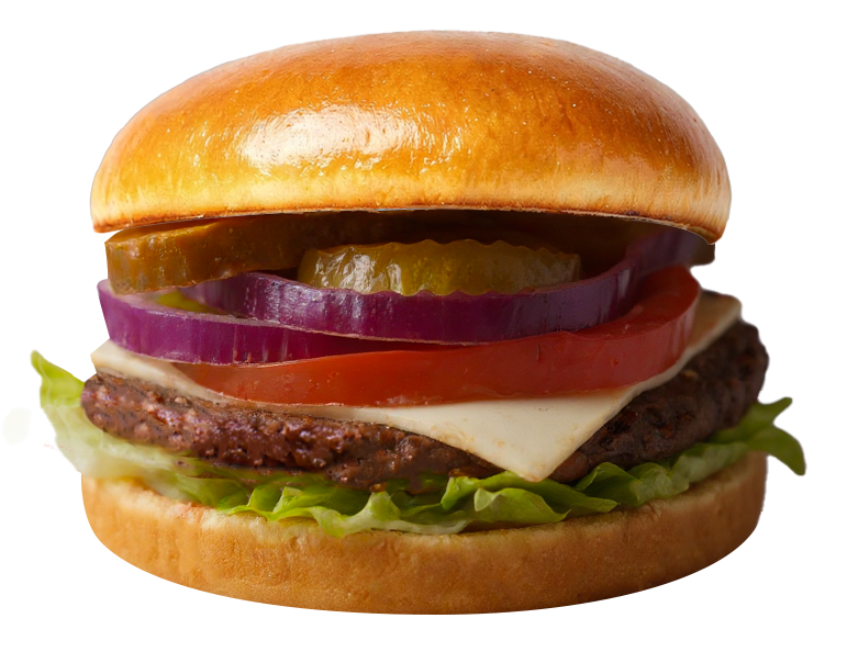 Hamburger with bun, lettuce, beef patty, cheese, tomato, red onion, and pickles.