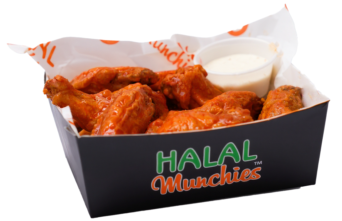 Halal buffalo wings in a black box with white sauce; 