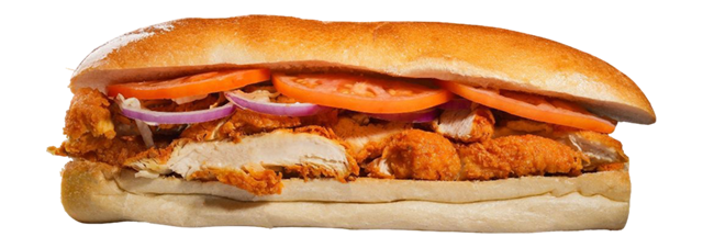 Chicken sandwich on a bun with breaded chicken and sauce.