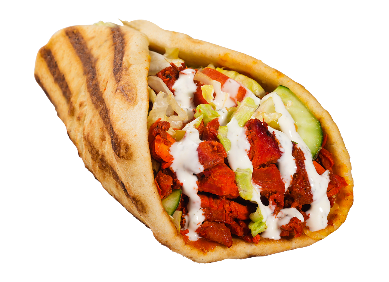 Grilled flatbread wrap filled with red chicken, cucumber, lettuce, and white sauce.