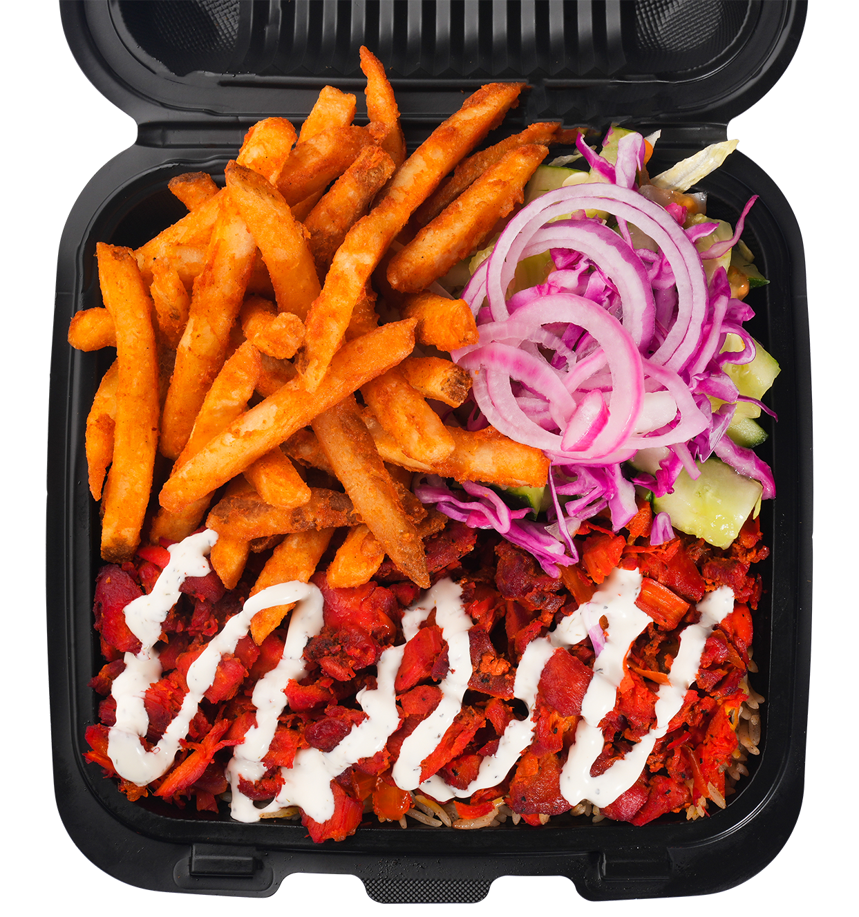 Meal with fries, spiced meat, salad, and white sauce in a black takeout container.