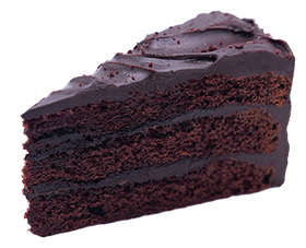 Slice of layered chocolate cake with dark frosting.