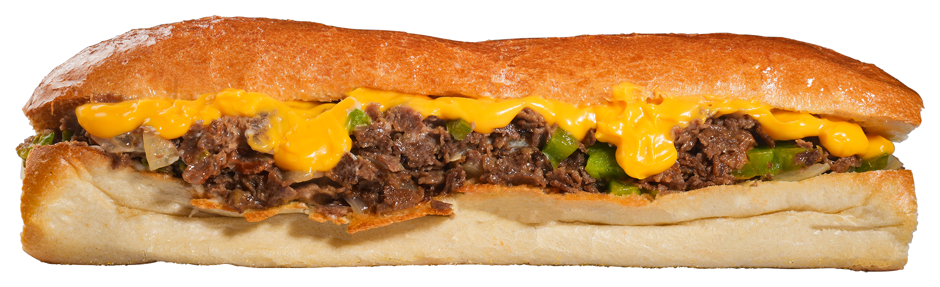 Philly cheesesteak sandwich with melted yellow cheese, onions, and green peppers.