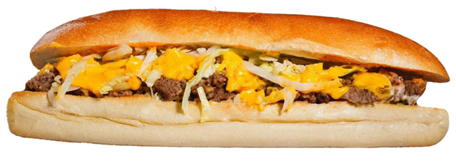 Philly cheesesteak sandwich with melted cheese, steak, and peppers on a hoagie roll.