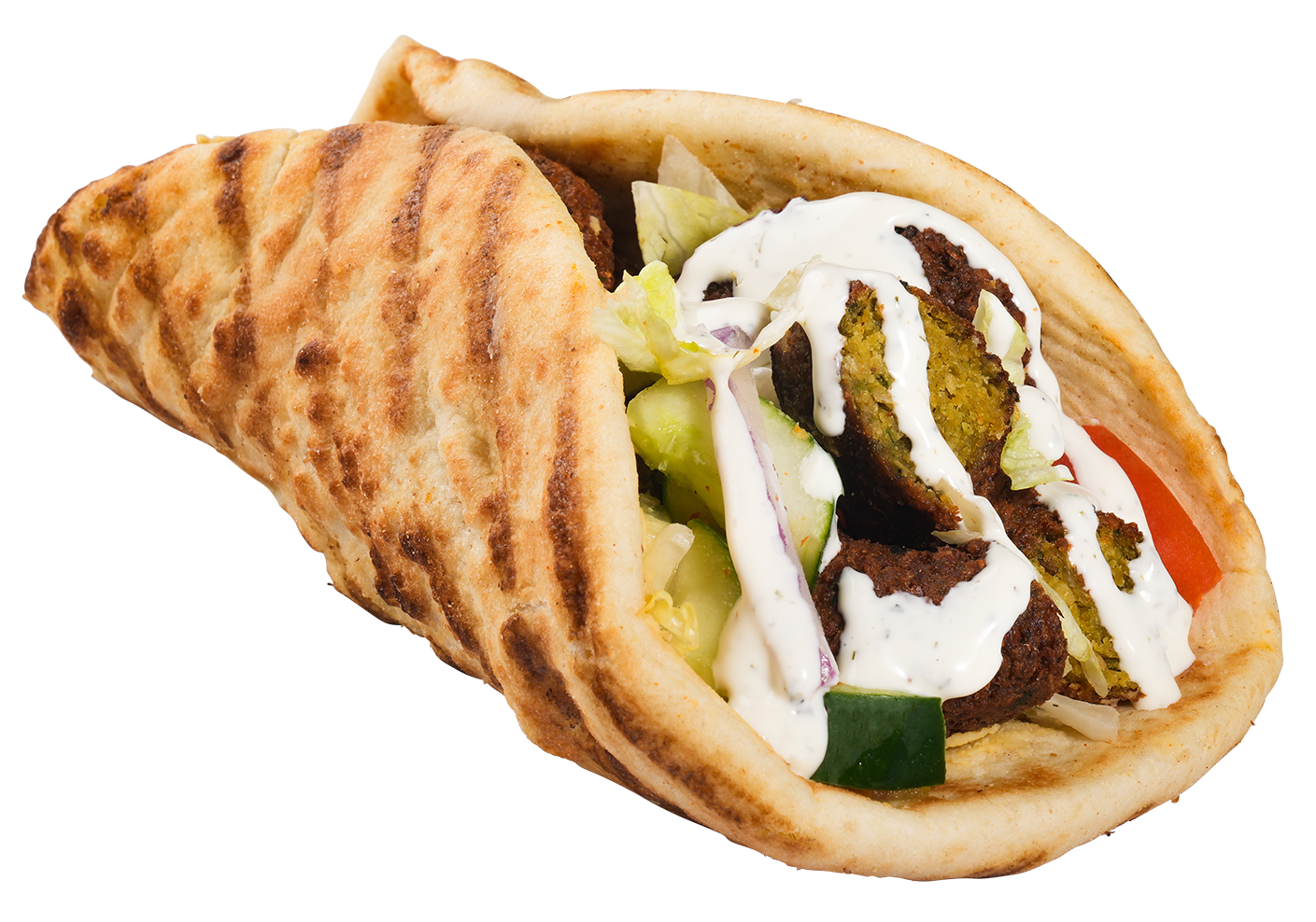 Falafel wrap with hummus, vegetables, and sauce.