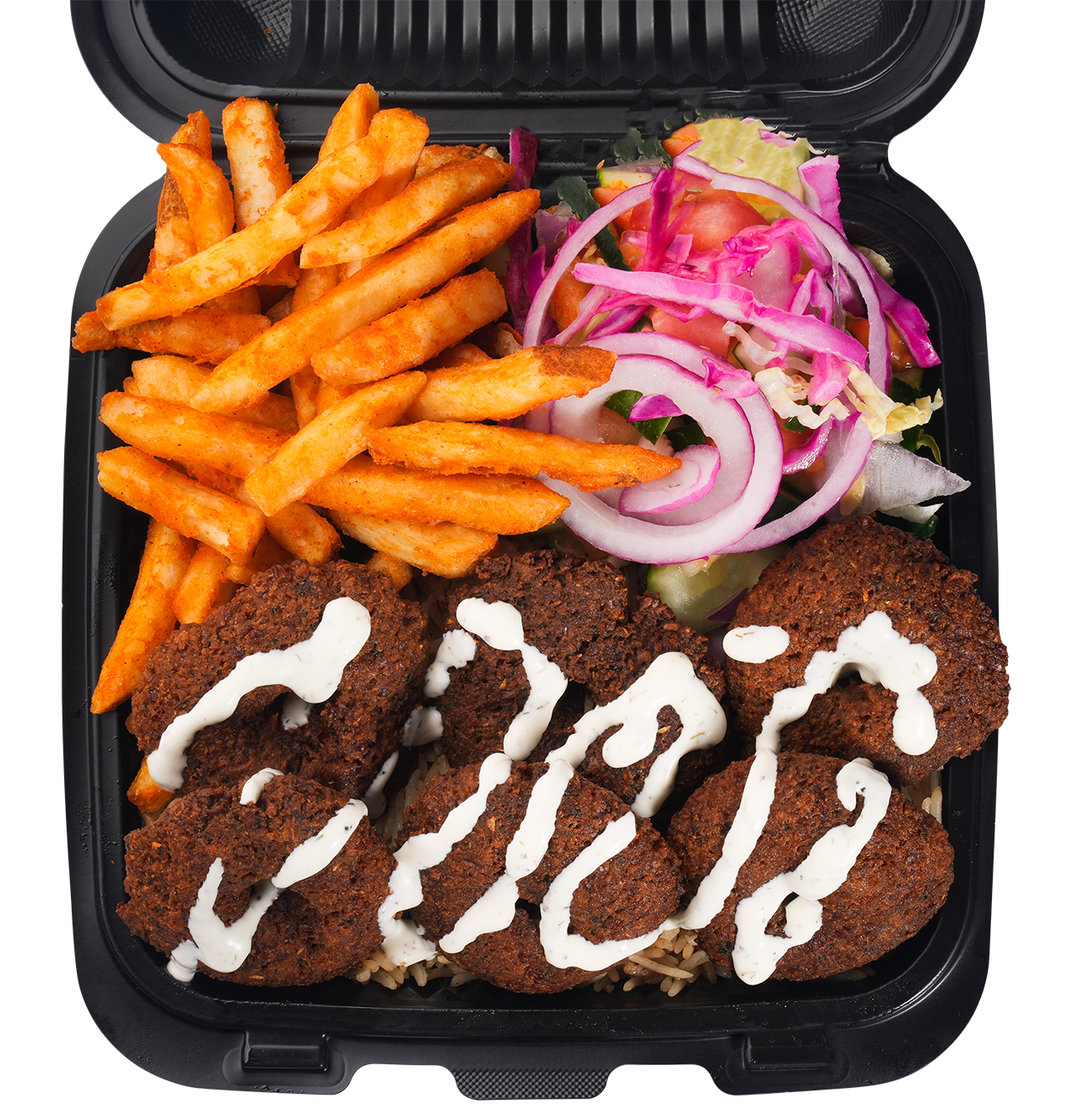 Falafel platter with fries, salad, and tahini sauce in a black takeout container.