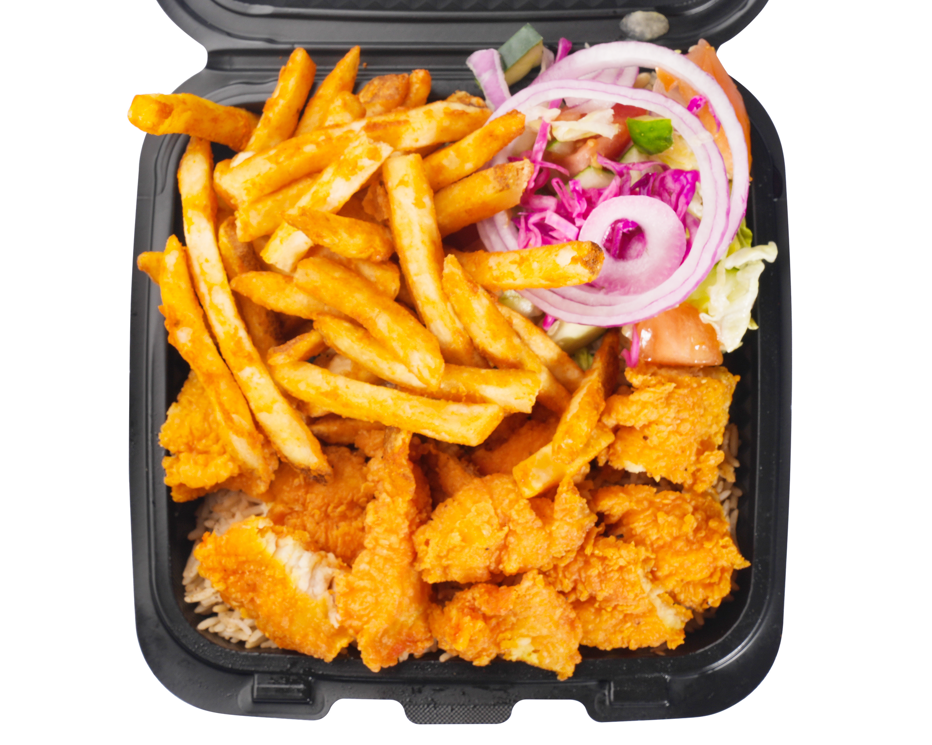 Fried food takeout: fries, fried chicken, and onion slices in a black container.