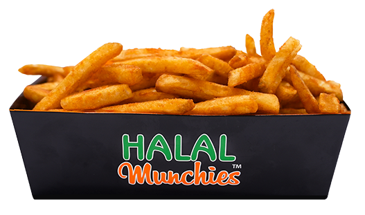 Fries in a black container labeled 