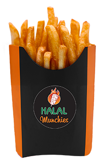 Fries in a black and orange carton labeled 