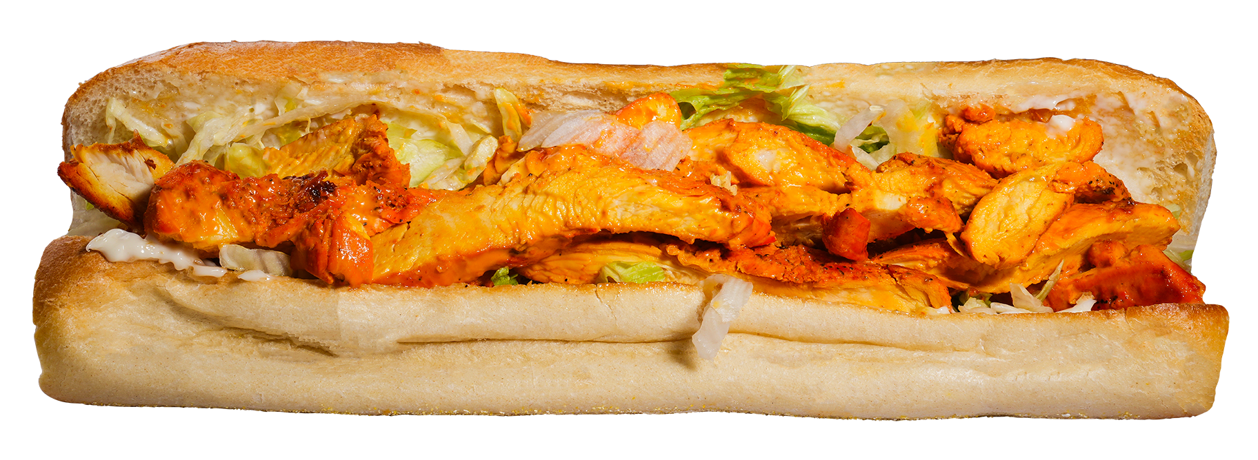 Sub sandwich with orange chicken and lettuce.