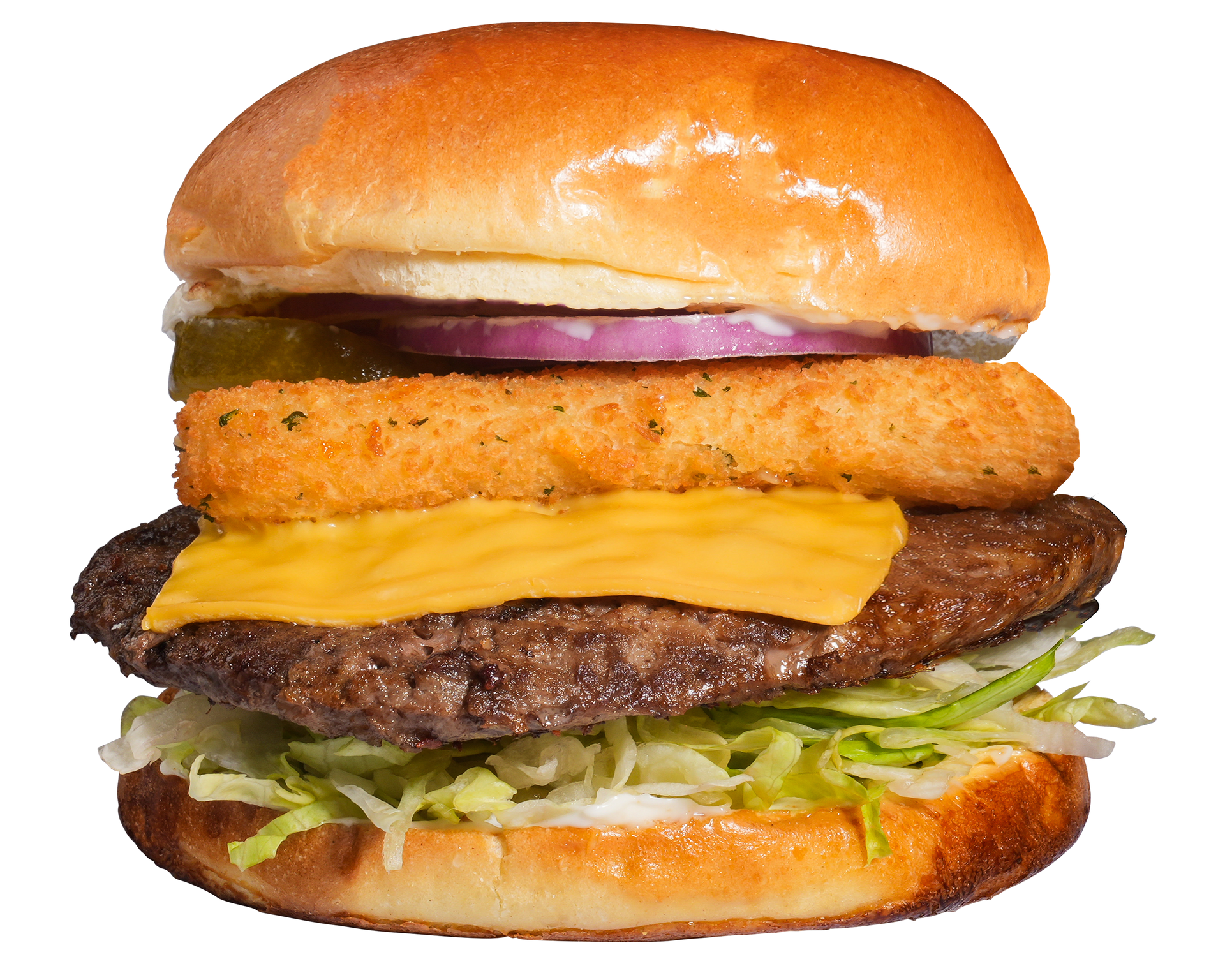 Burger with bun, lettuce, beef patty, cheese, fried onion ring, red onion, and pickle.