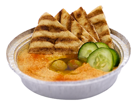 Hummus with grilled pita, cucumber slices, and olives in a silver bowl.