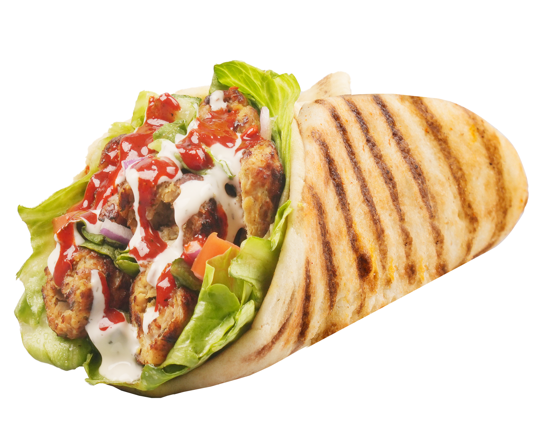 Grilled pita wrap with chicken, lettuce, tomatoes, and sauces.