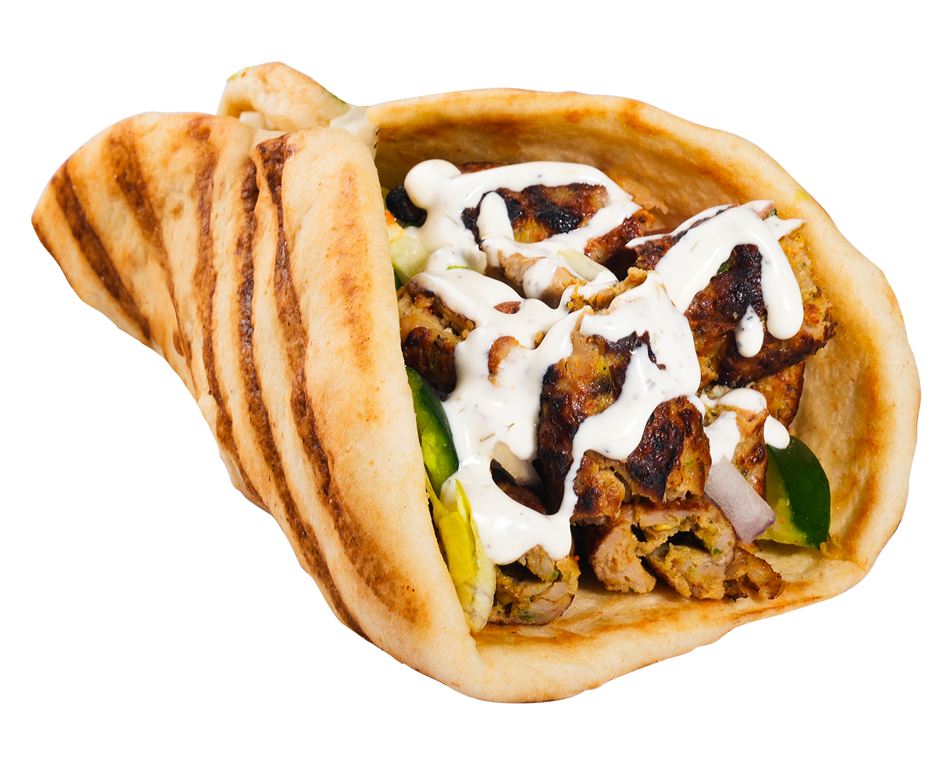 Shawarma in grilled pita, filled with meat, vegetables, and drizzled with white sauce.