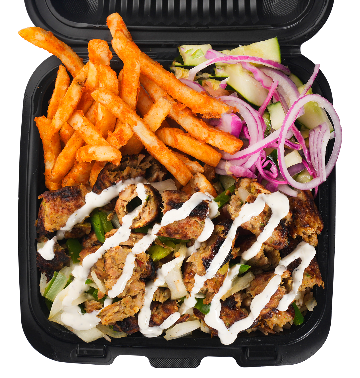 Chicken shawarma platter with fries and salad, drizzled with white sauce, in a black takeout container.