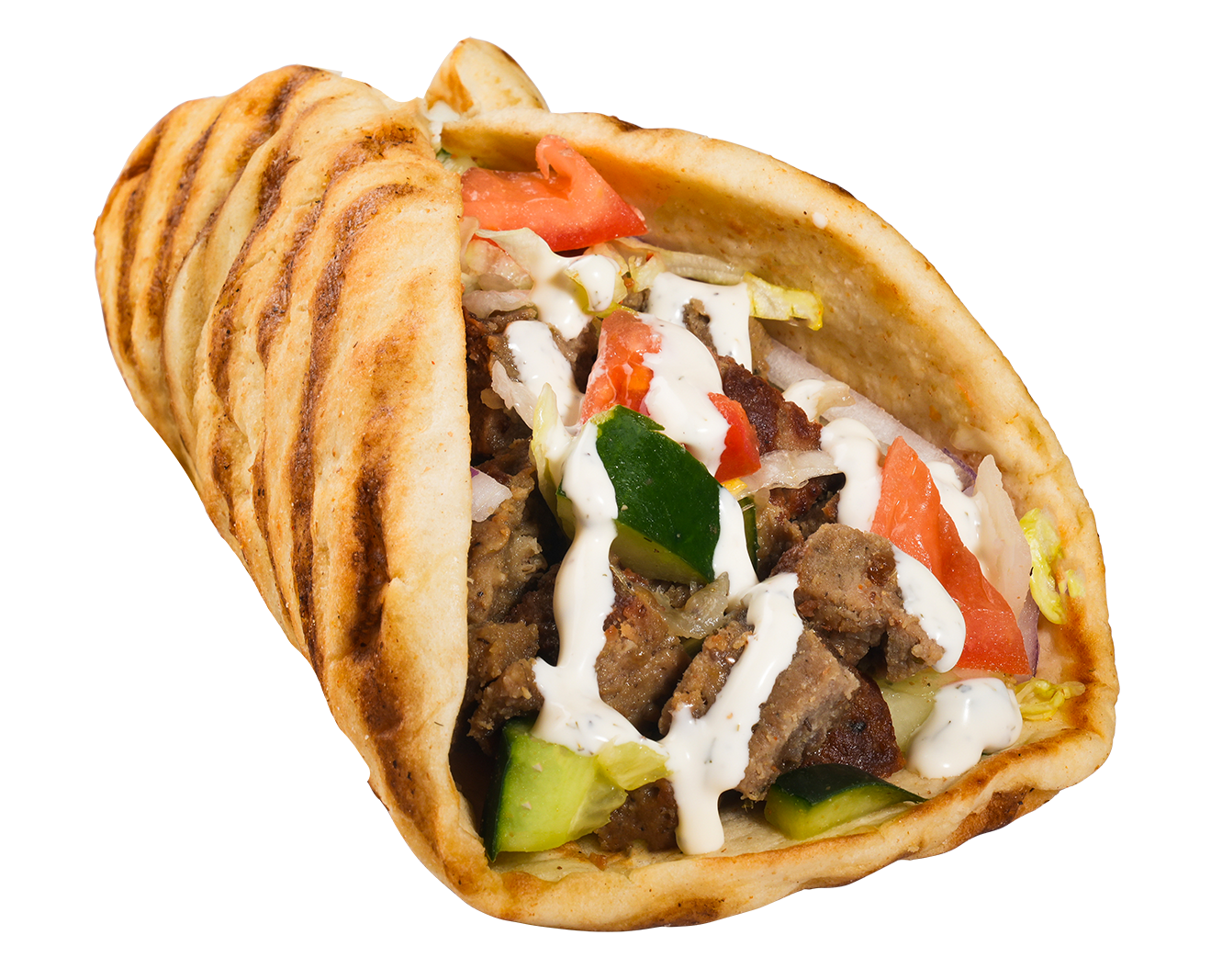 Grilled gyro wrap with meat, vegetables, and white sauce.