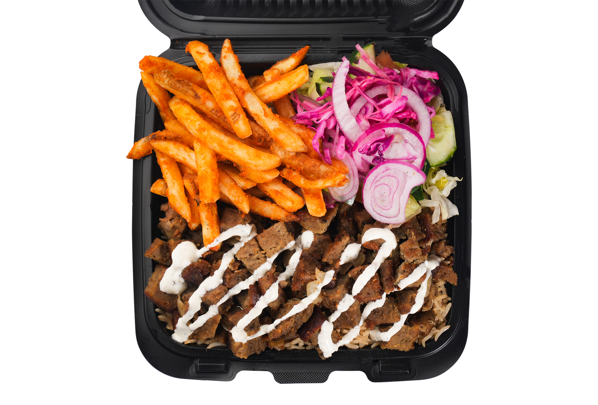 Meal in a black container with fries, meat, salad, and white sauce.