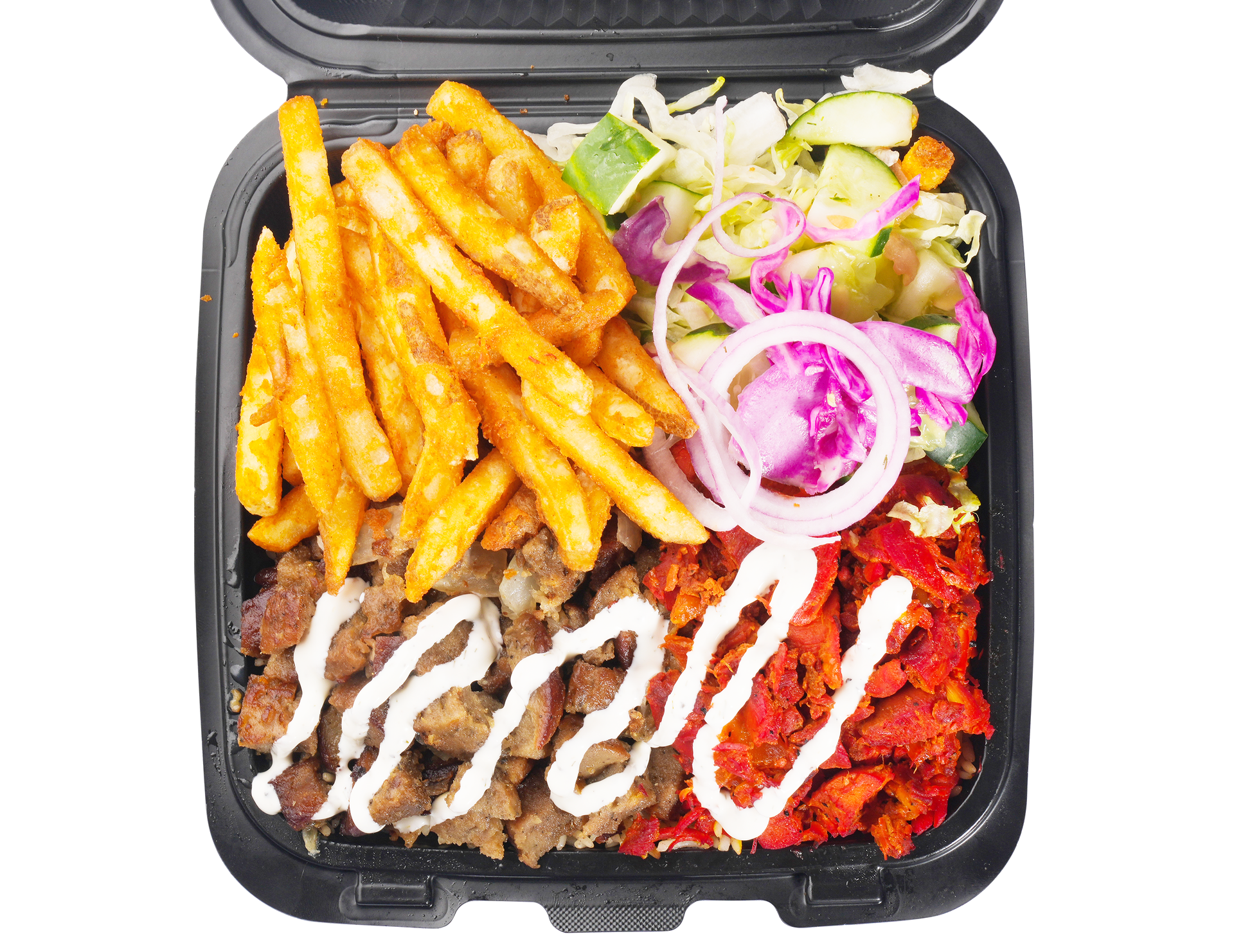 Takeout container with fries, gyro meat, chopped vegetables, red peppers, and white sauce.