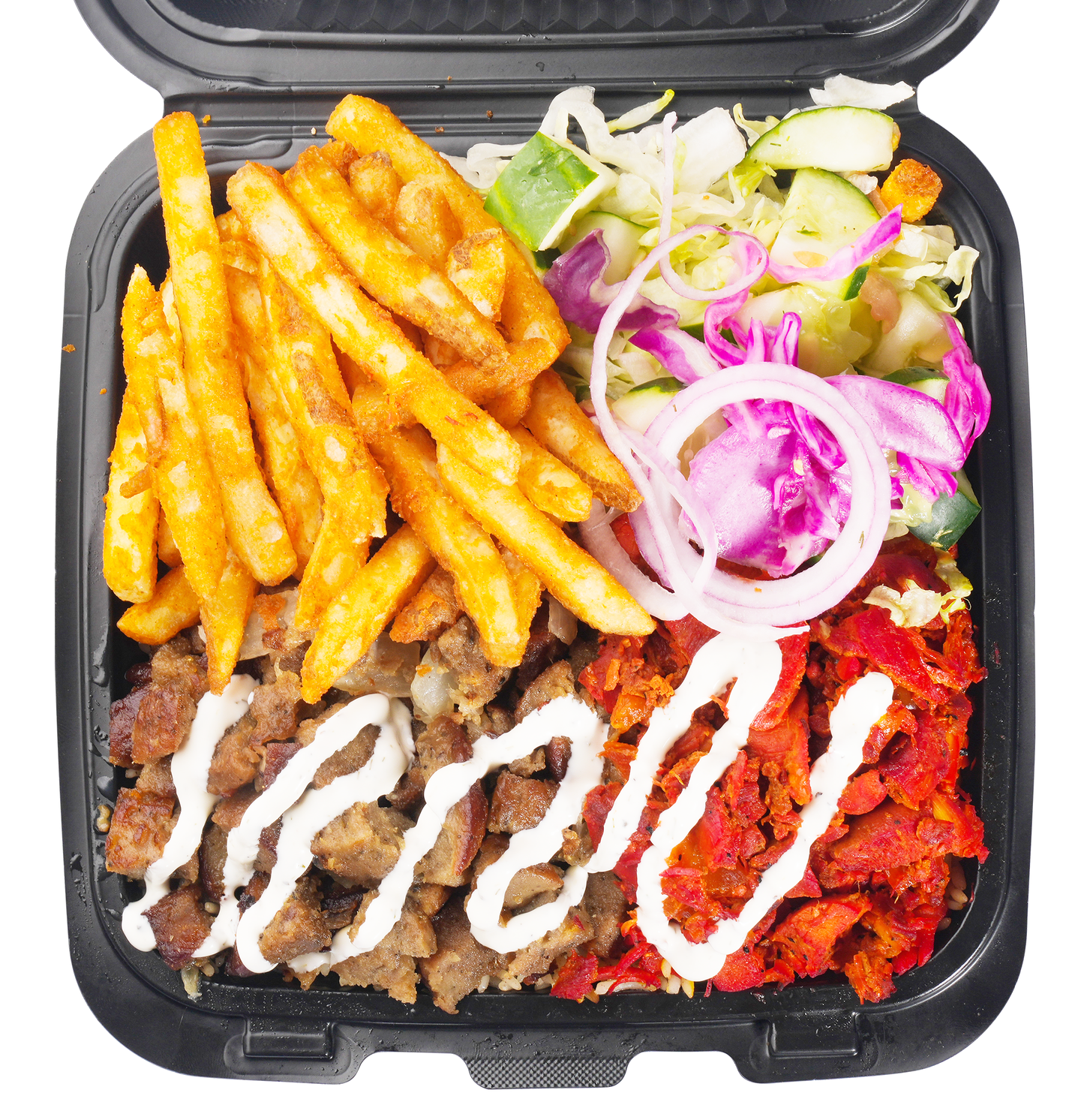 Meal in a black container with fries, salad, and two meat portions, one topped with white sauce.