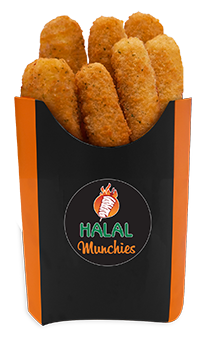 Golden-brown, breaded munchies in a black and orange box labeled 
