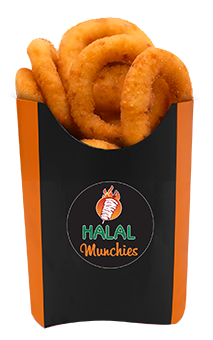 Onion rings in a black and orange container with 
