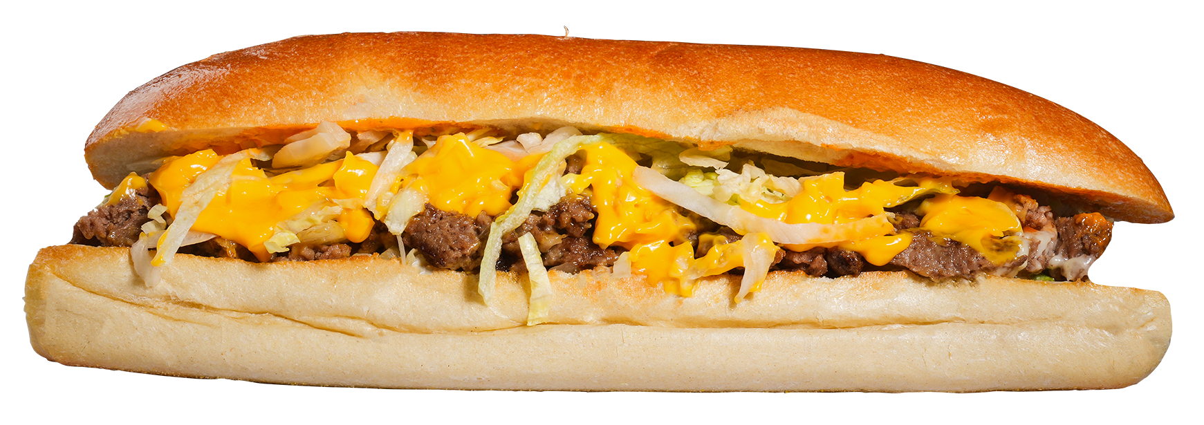 Sub sandwich with meat, cheese and onions.