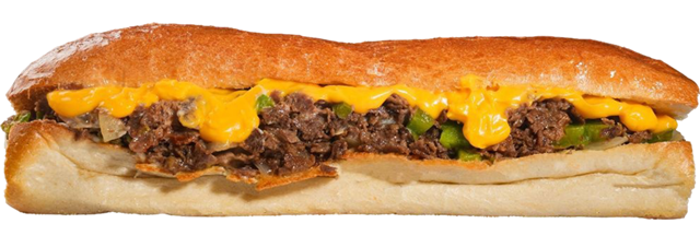 Cheesesteak sandwich on a long roll, filled with meat, cheese, and onions.