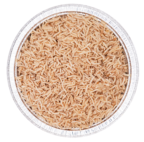 Brown rice in a round aluminum foil container.