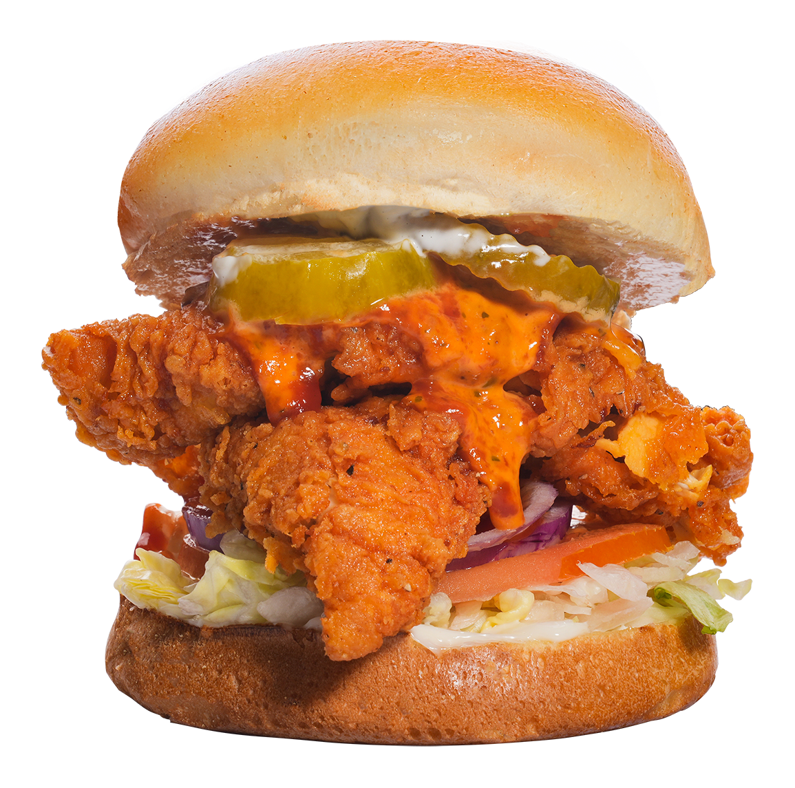 Fried chicken sandwich with pickles, sauce, and vegetables on a bun.