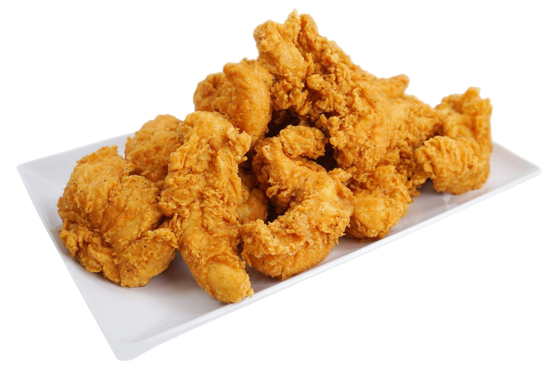 Golden-brown fried chicken tenders piled on a white rectangular plate.